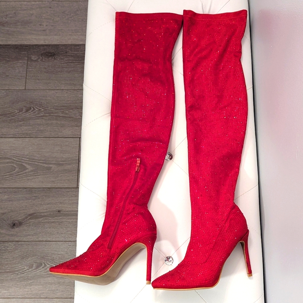 NWOB Red Rhinestone Knee High Stiletto Boots